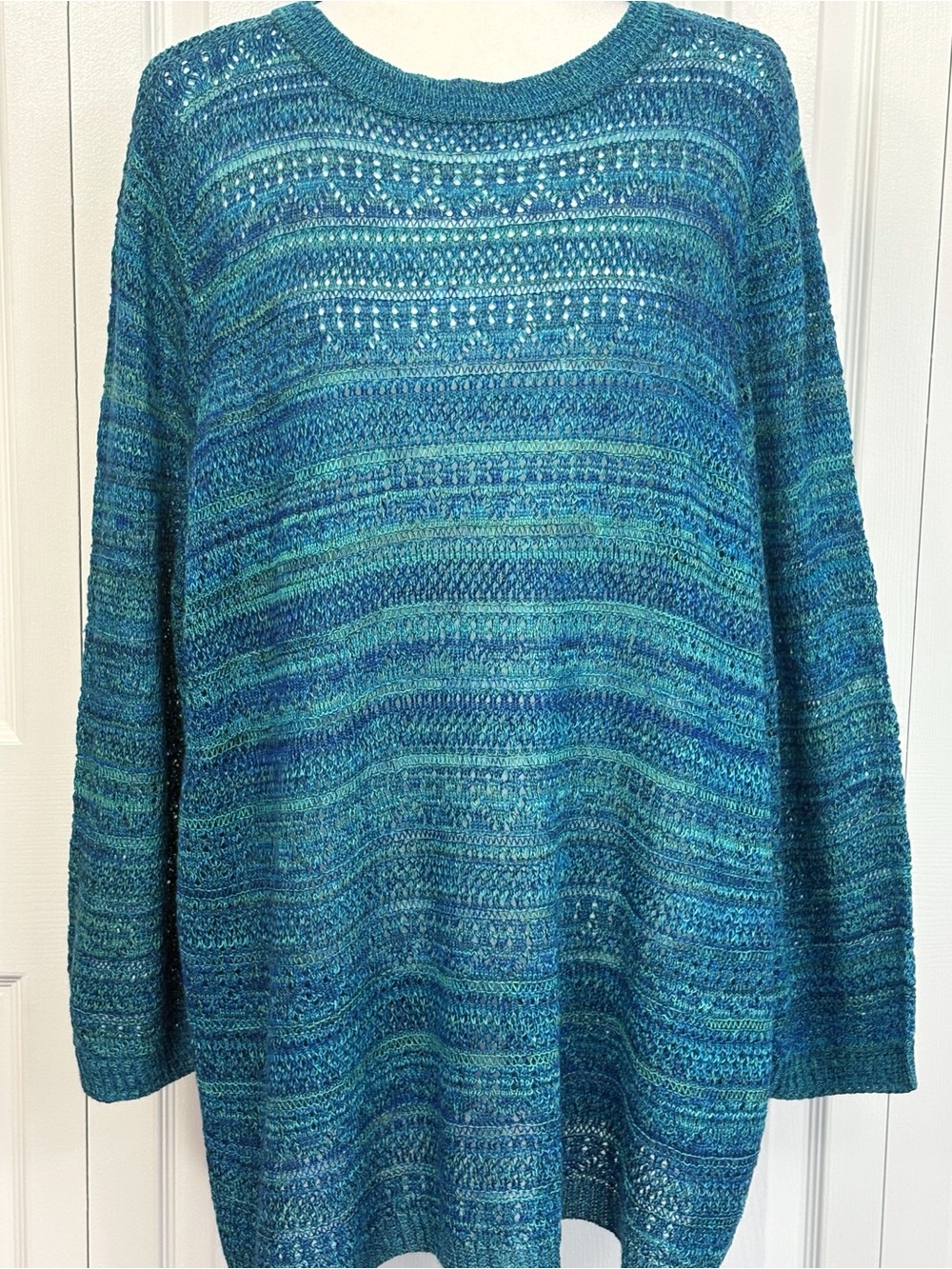 NWT Catherines Blue & Green Marled Pointelle Open Knit 3/4 Sleeve Sweater 2X